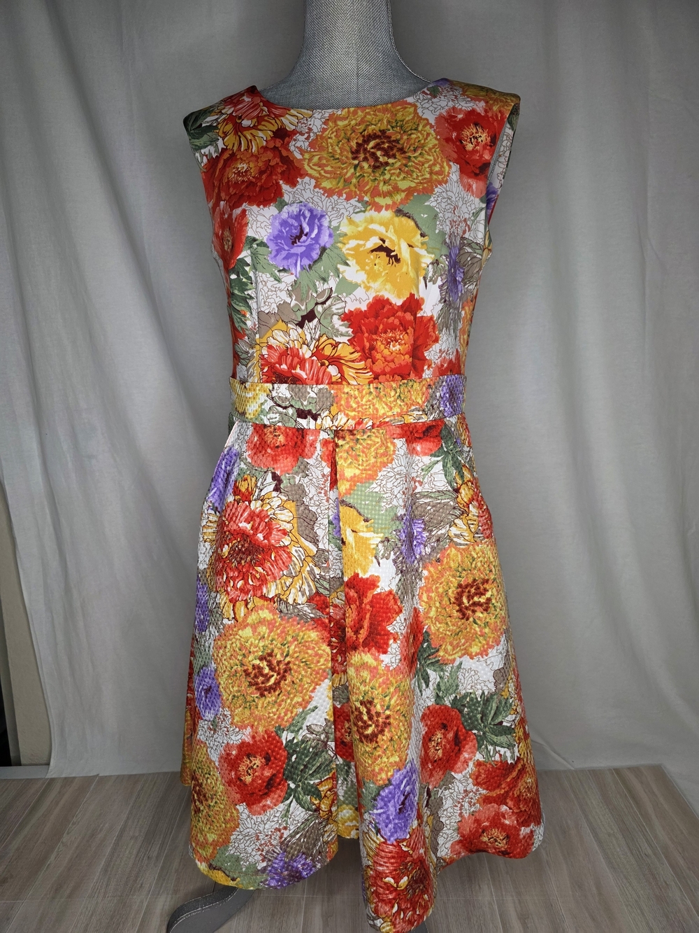 Danny & Nicole Vibrant Floral Fit-and-Flare Dress in Red, Yellow & Purple